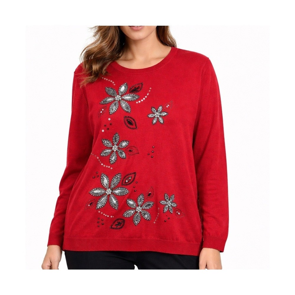 Alfred Dunner Woman Red Floral Sequin Embroidered Sweater 2X Ramie Cotton Knit